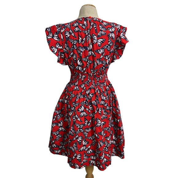 Kate Spade Women's Medium Red Butterfly Print Smocked Waist Flutter Sleeve Dress - Picture 4 of 12